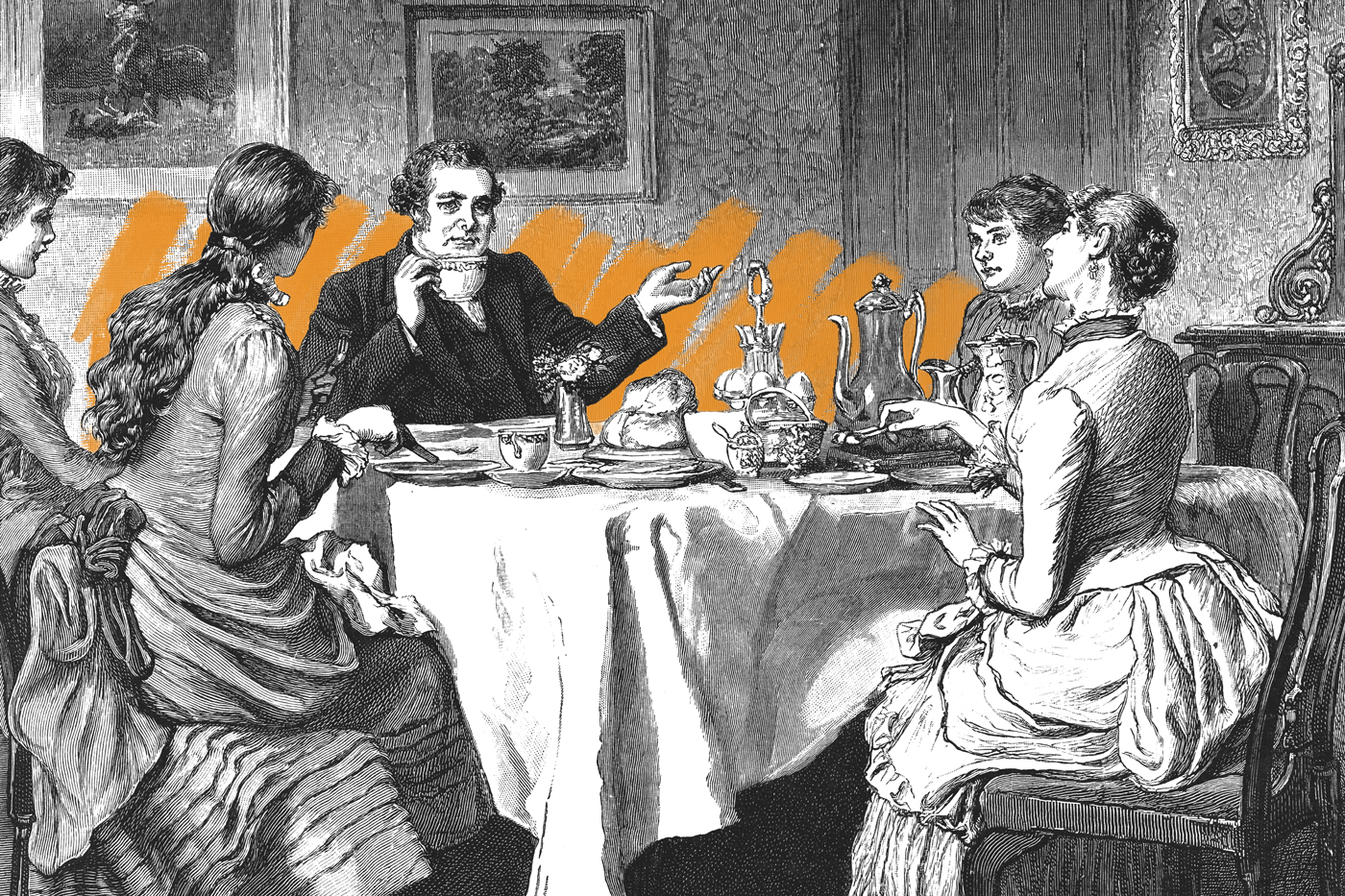 Family enjoying brunch, circa 1800s