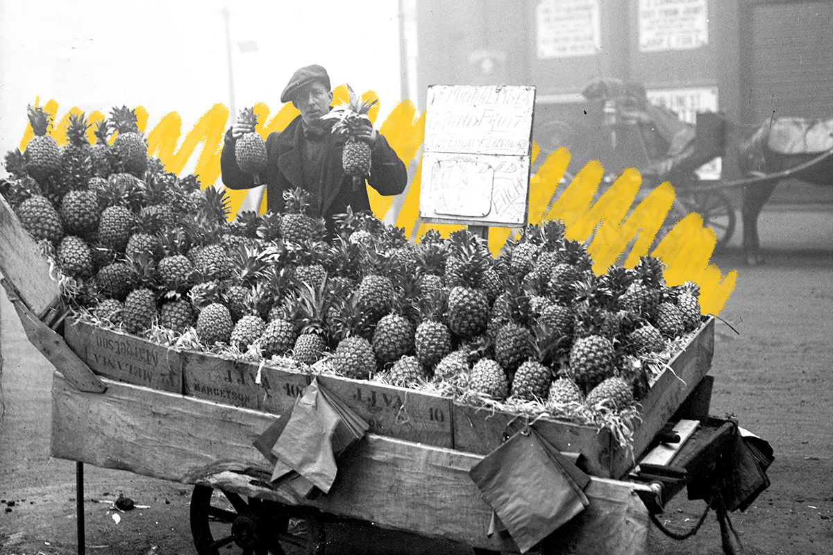 Man selling pineapples, 1917
