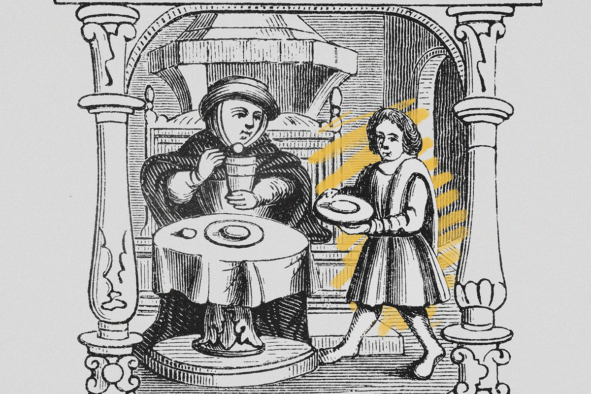 Engraving of servant at a meal