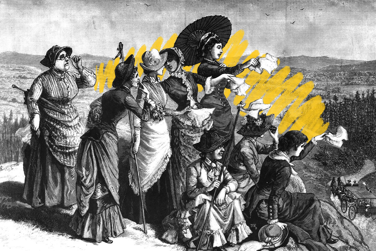 Women waving handkerchiefs, 1882