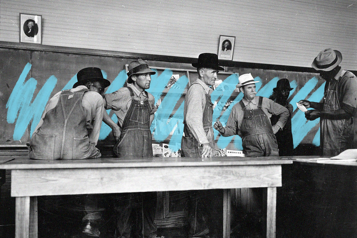 Farmers wait in line to receive AAA checks