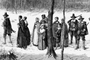 Pilgrims walking to church, 1620