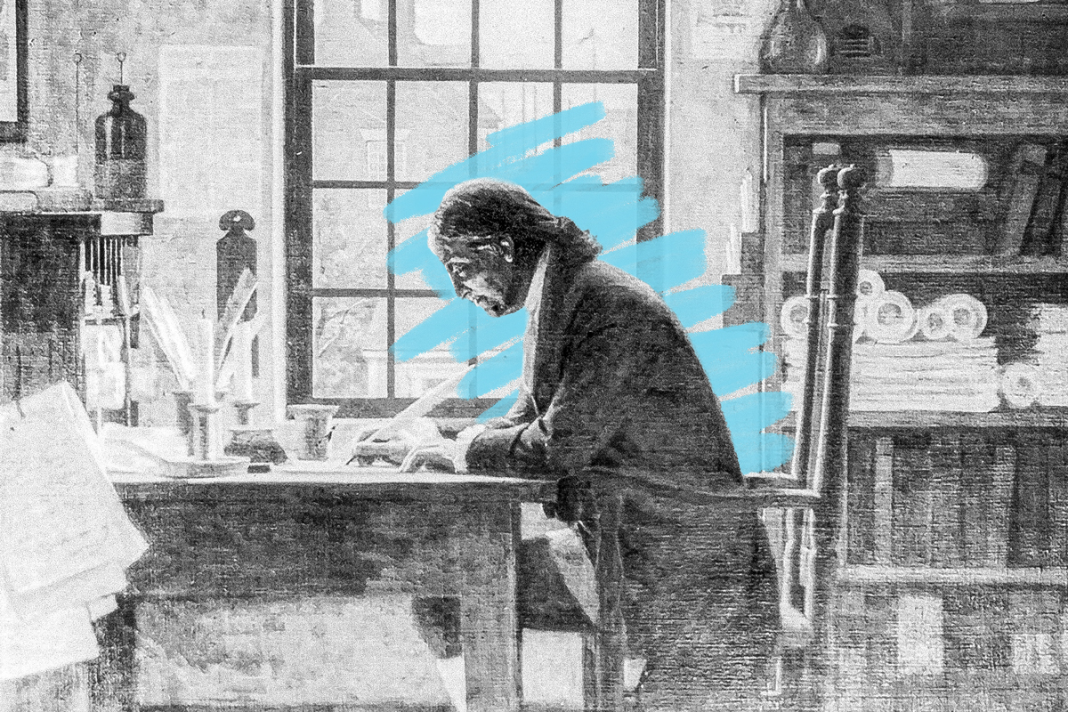 Benjamin Franklin writing at desk